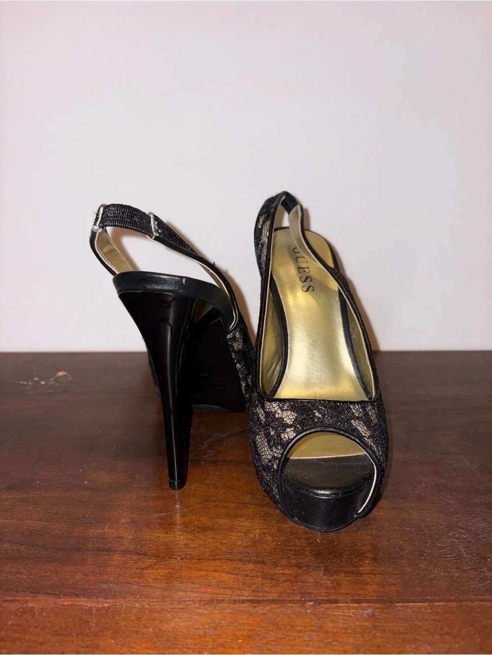 GUESS Black Lace Peep-Toe Slingback Heels